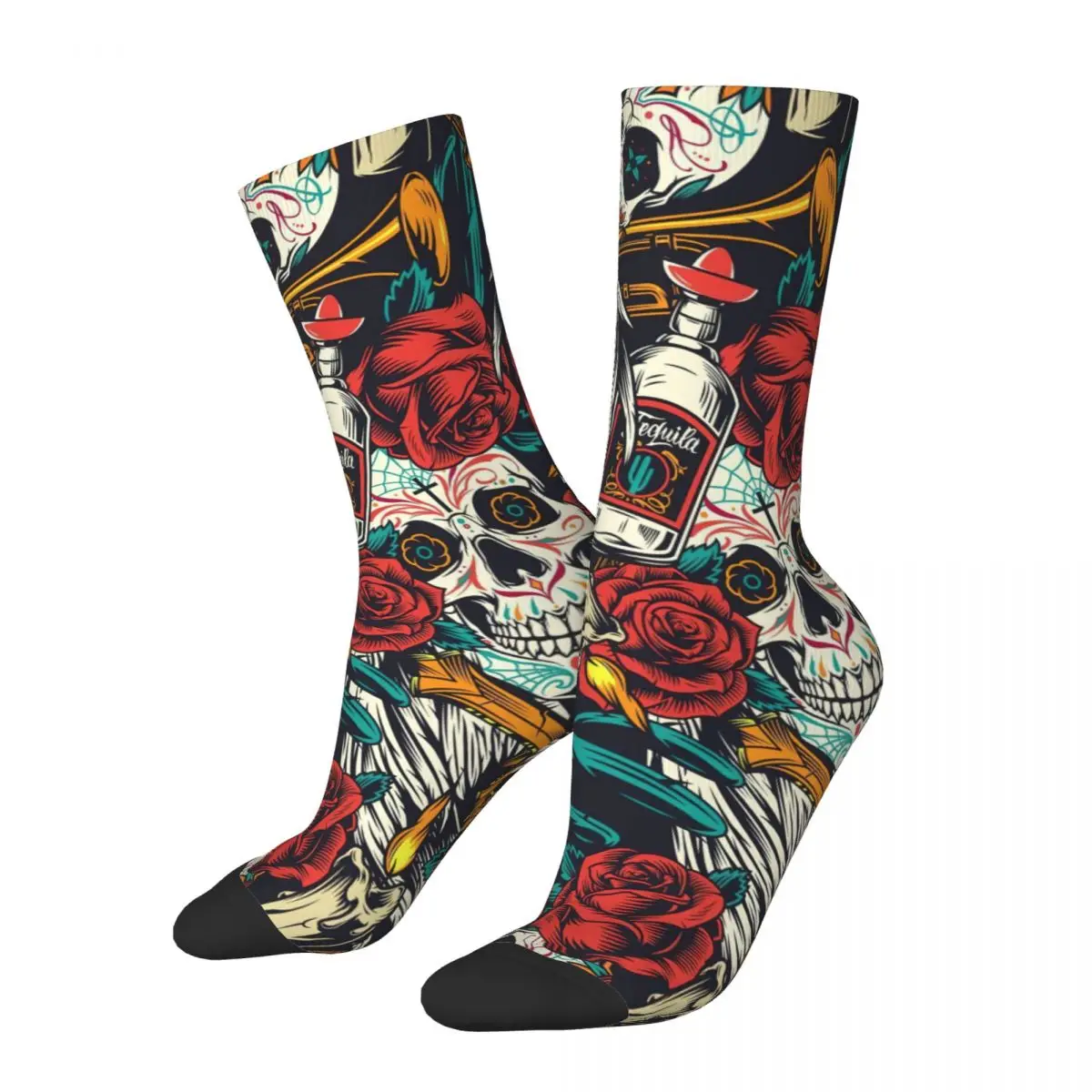 Fashion Men's Socks Crazy Sugar Skull Halloween Sock Polyester Roses Flowers Skateboard Women Socks Spring Summer Autumn Winter