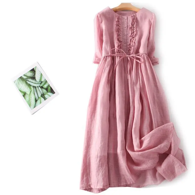 

Женское винтажное платье из хлопка и льна, свободное удобное дышащее офисное повседневное длинное платье-трапеция из натурального льна, лето