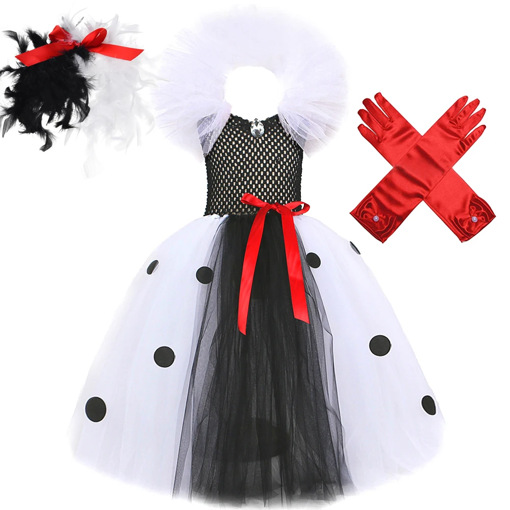 

Girl Cruella Deville Witch Tutu Dress For 101 Dalmatians Villain Halloween Costume Kids Vintage Polka Dots Cosplay Fancy Dresses