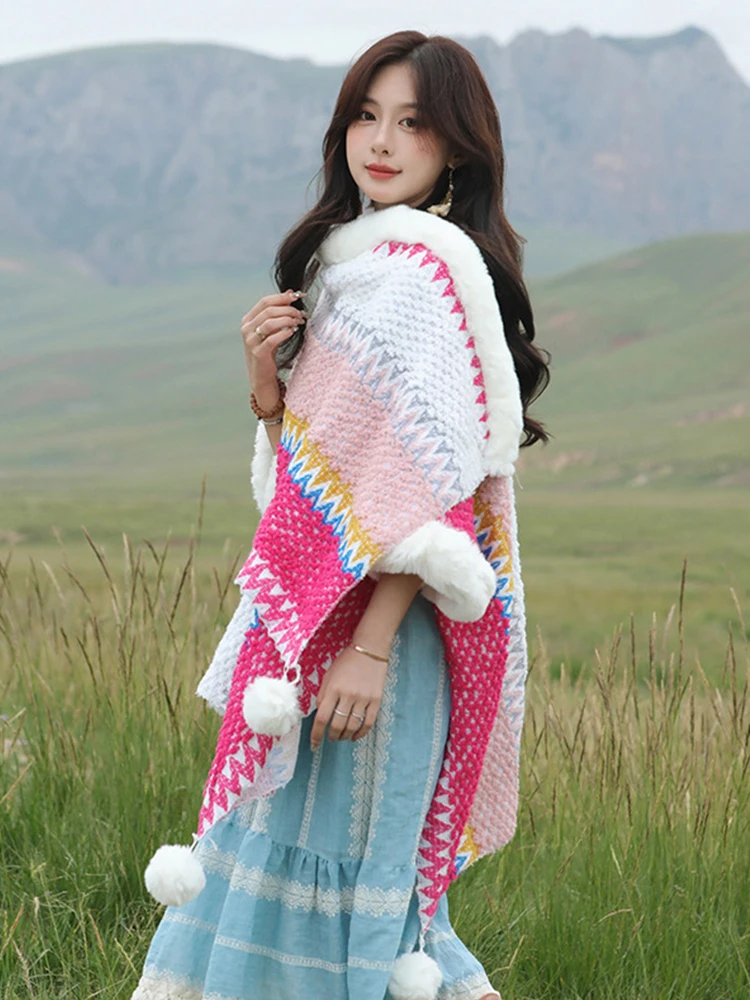 Модный шикарный вязаный зимний винтажный шарф женская накидка в стиле бохо и