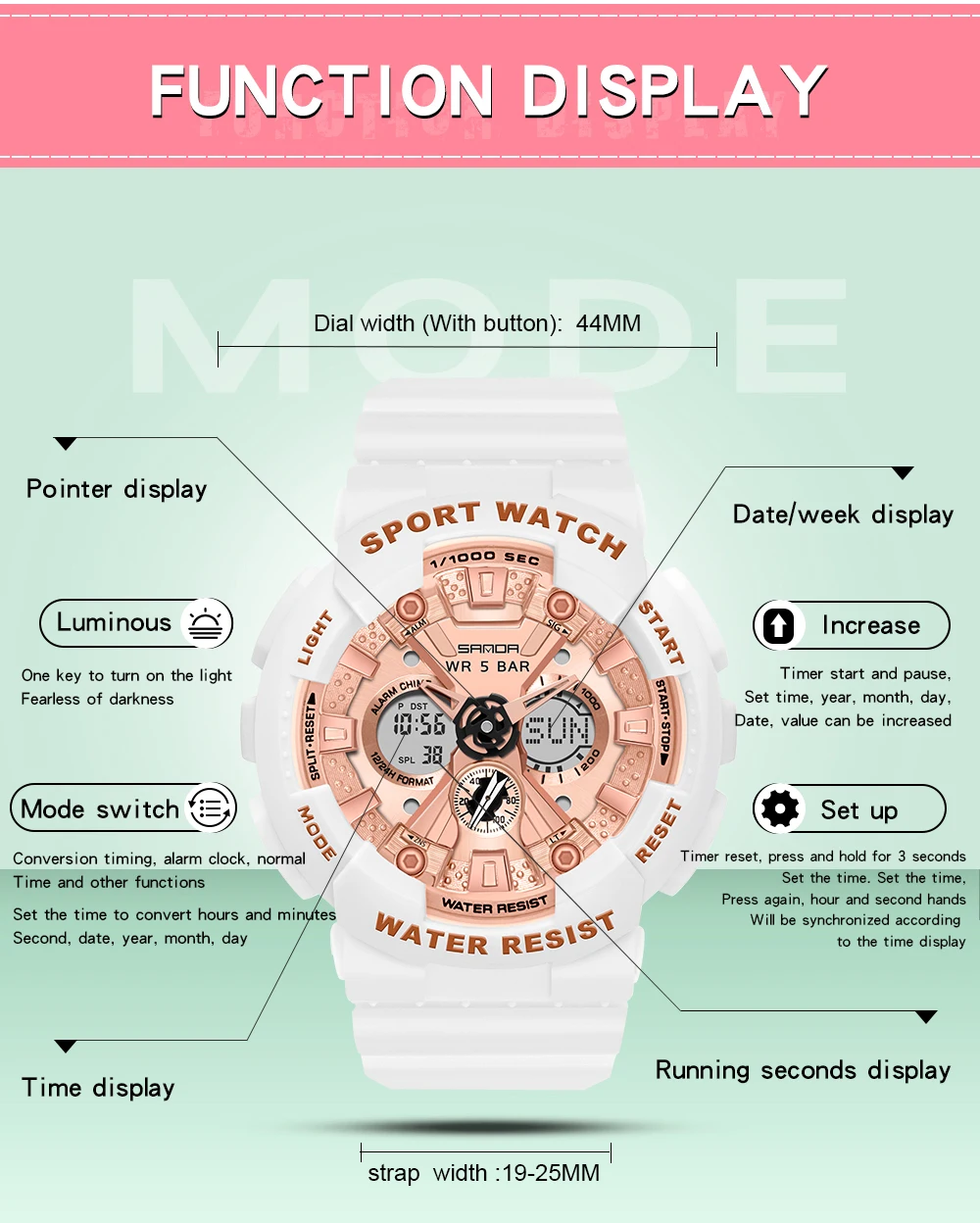 SANDA Multifunctional Electronic Womenes Watch 50M Waterproof Dual Display Luminous LED Digital Watch Fashion Women Clock 6068