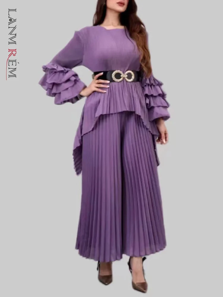 

LANMREM High End Party Pleated 2 Pieces Set Women's Round Neck Flare Sleeves Spliced Tops High Waist Wide Leg Trousers 2YA3997