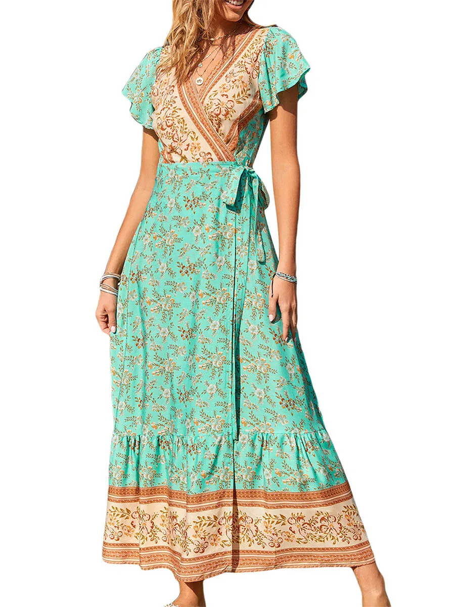 

Women Boho Split Long Dress Floral Print Ruffle Short Sleeve V Neck High Waist Tie Maxi Dress Summer Causal Beachwear