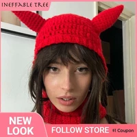 10pcs y2k hip hop personality red cold hat cute fashion hooded cap cow ear knit hat double layer warm woolen gorra niche design