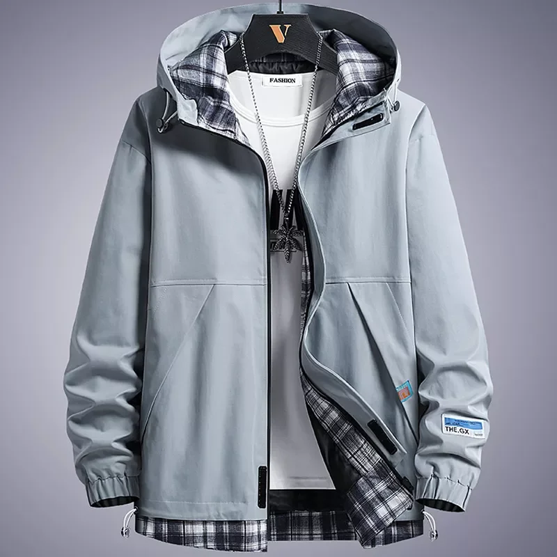 

NEW IN Men's Windbreaker Jackets 2023 Spring Autumn Fashion Patchwork Plaid Hooded Coat Male Clothing Casual Jackets 8XL