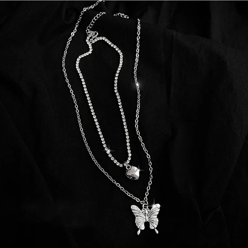 

Sheishow Trendy Multilayer Butterfly Heart Pendant Necklace for Women Shiny Rhinestone Clavicle Chain Design Jewelry Girl Choker