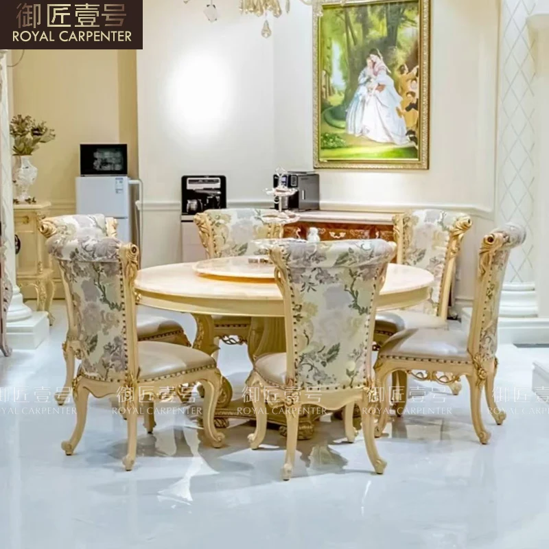 

Luxury European villa round table dining chair court solid wood dining table chair combination customized marble turntable table