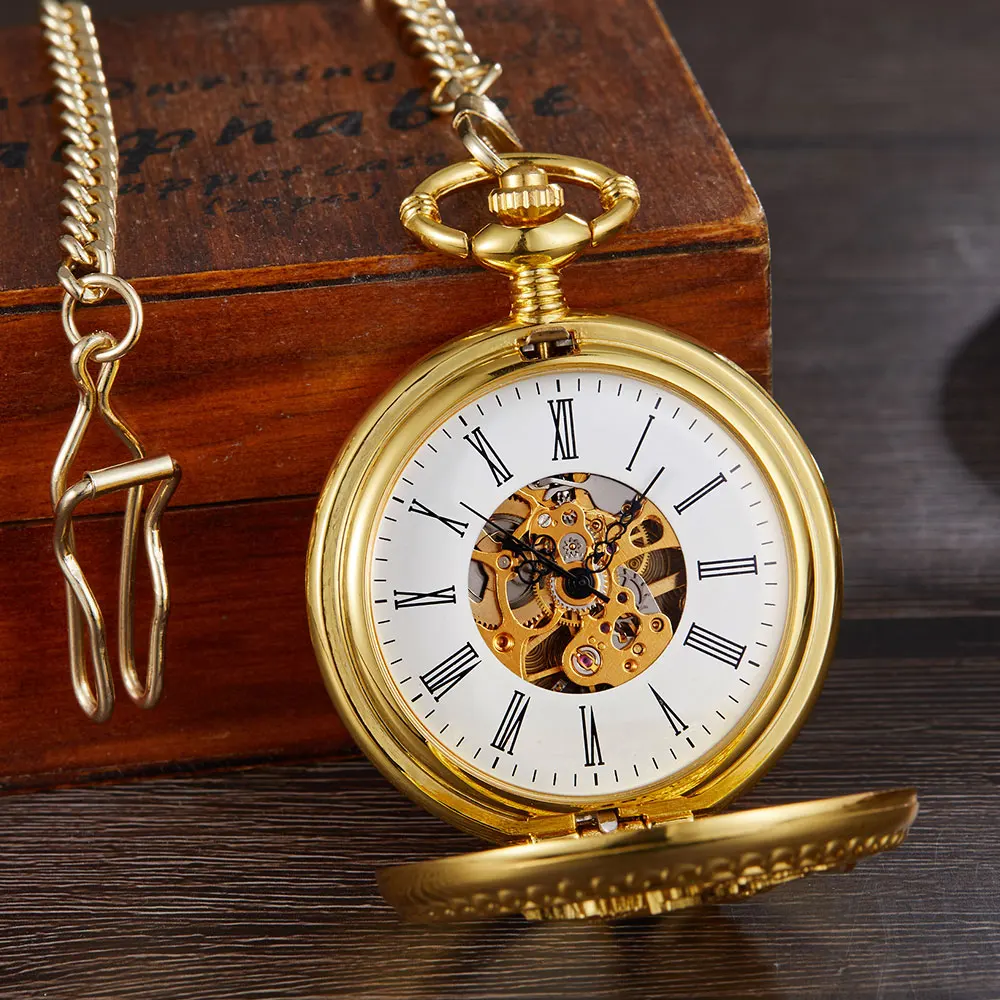 Vintage Mechanical Pocket Watch Hollow Phoenix Bird Roman Double Case Skeleton Clock Hand Winding Men Fob Chain Watches Clock