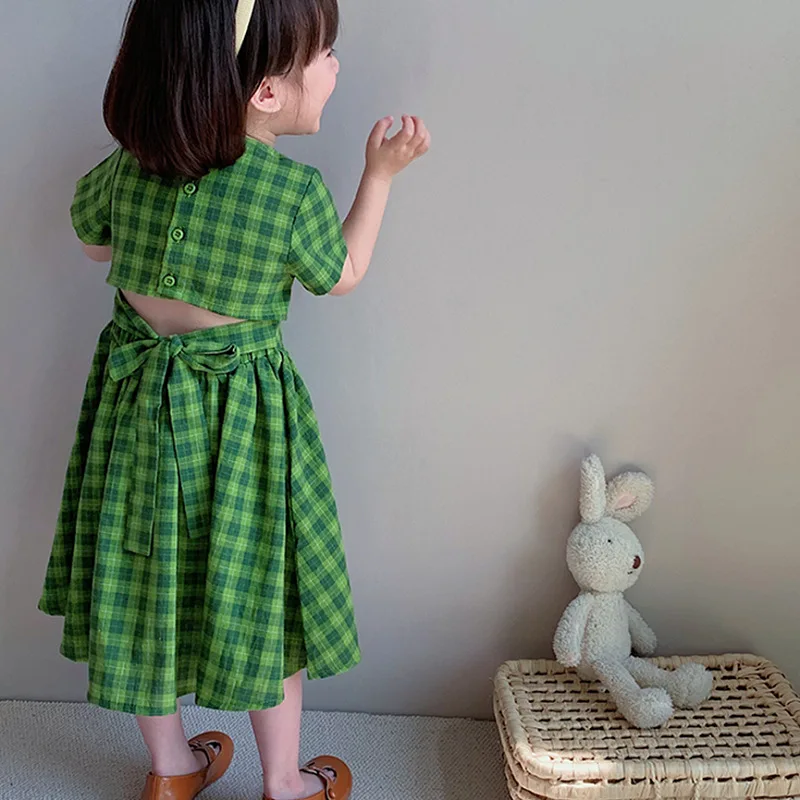 

Summer Kids Dresses for Girls Plaid Short Sleeve Princess Dress Fashion Japan Korean Little Girls Costume Cute Children Clothes