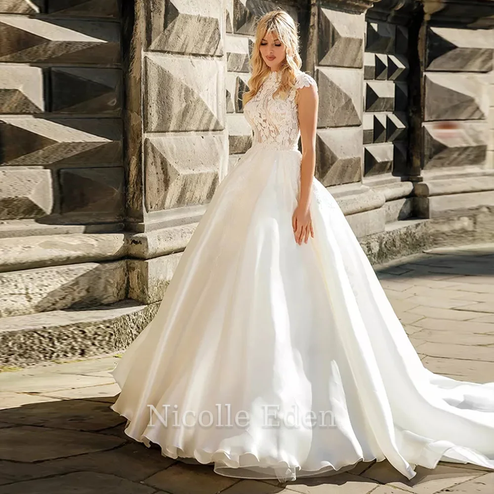 

Nicolle Eden High Neck Graceful A Line Wedding Dresses For Women Lace Appliques Bridal Gown Robe De Mariée Custom Made