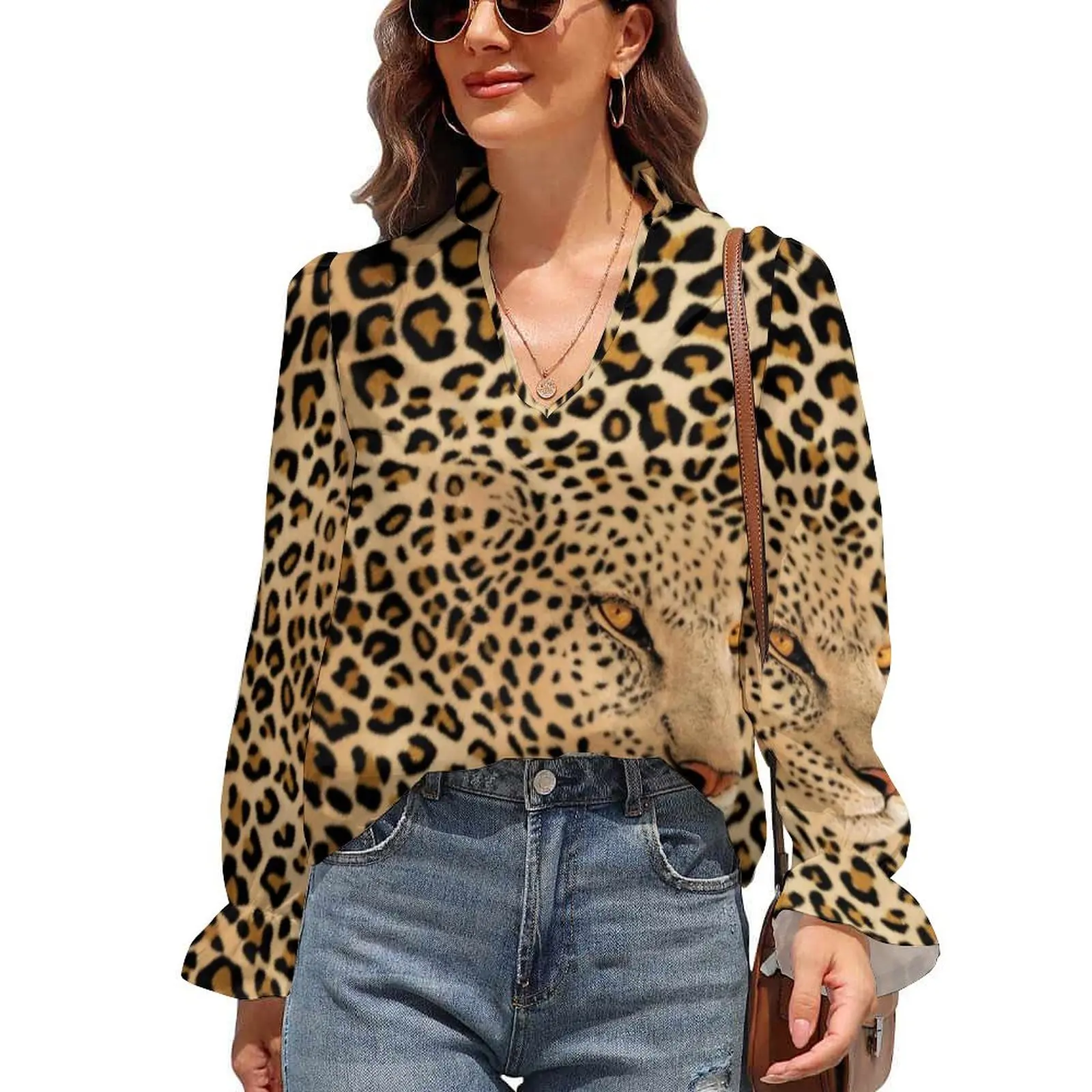 

Cheetah Brown Chiffon Blouse Hidden Leopard Graphic Retro Blouses Women Long Sleeve Street Wear Shirts Autumn V Neck Print Tops