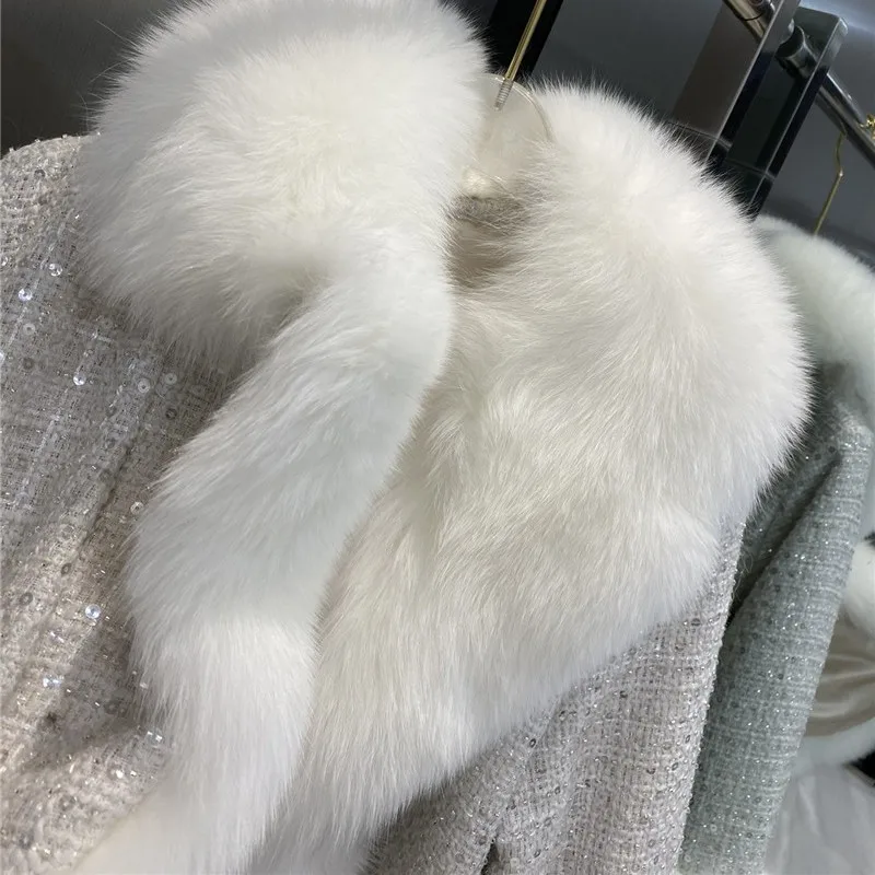 Tweed Wool Coat Real Fox Fur Collar and Cuff Winter Warm Overcoat Fashion Lapel Women Long Sleeves Jacket