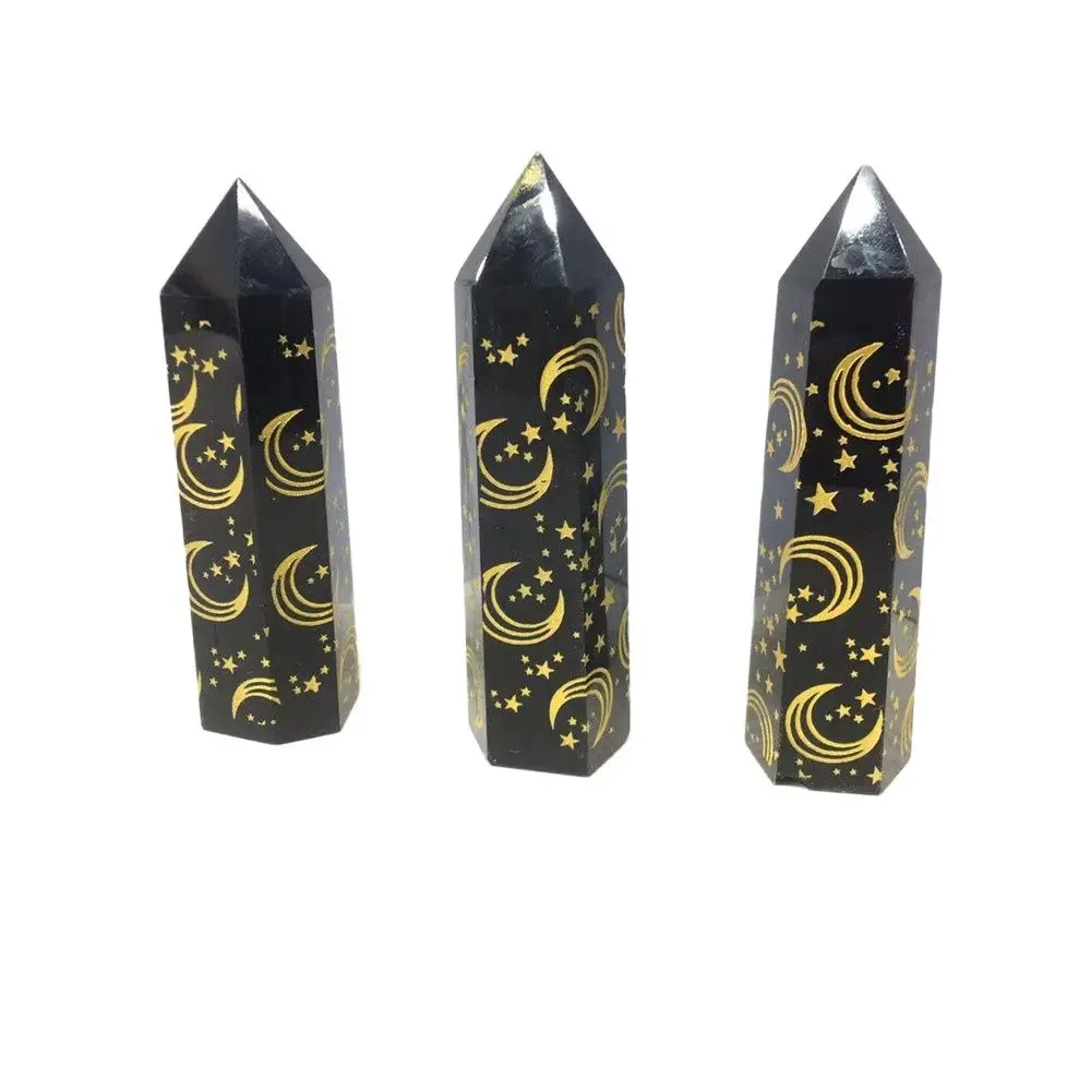

1pc Natural Black Obsidian Crystal Tower Rune With Gold Star Moon Pattern Energy Divination Magic Wand Obelisk Healing Decorate