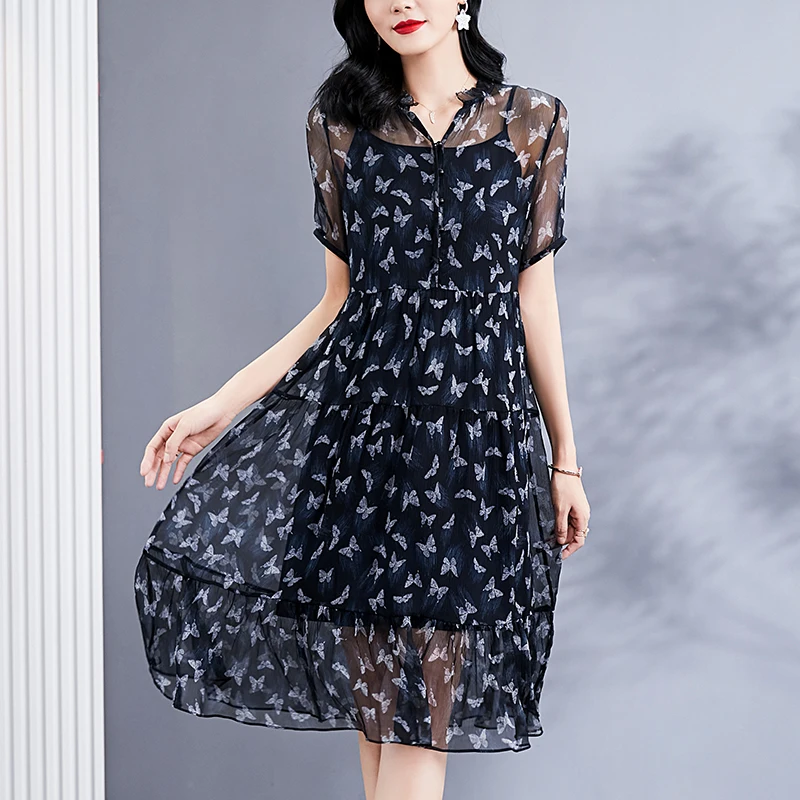 

Платье женское длинное ТРАПЕЦИЕВИДНОЕ из натурального шелка, с V-образным вырезом и коротким рукавом