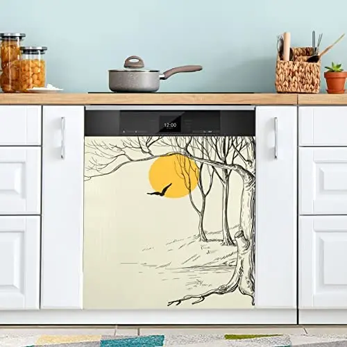 

Front Dishwasher Magnet Sticker Cover Decorative Appliances Stickers Chinese Panting Simple Refrigerator Skins Dishwasher Panel