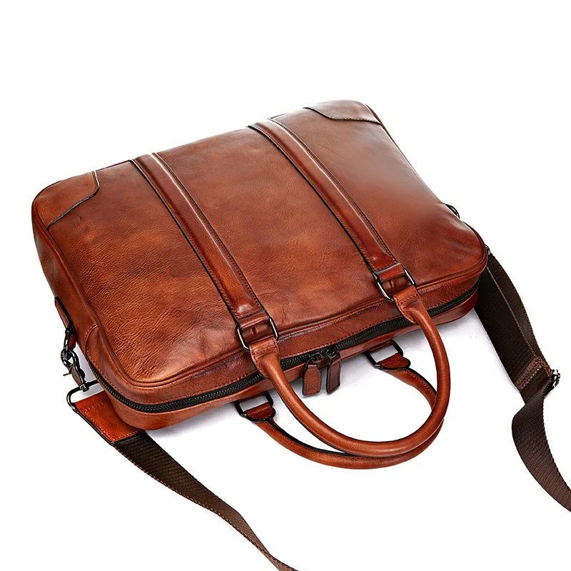 Vintage Cow Leather Briefcase For Men Genuine Leather Handbag Business Laptop Bag Male Luxury Shoulder Messenger Bag