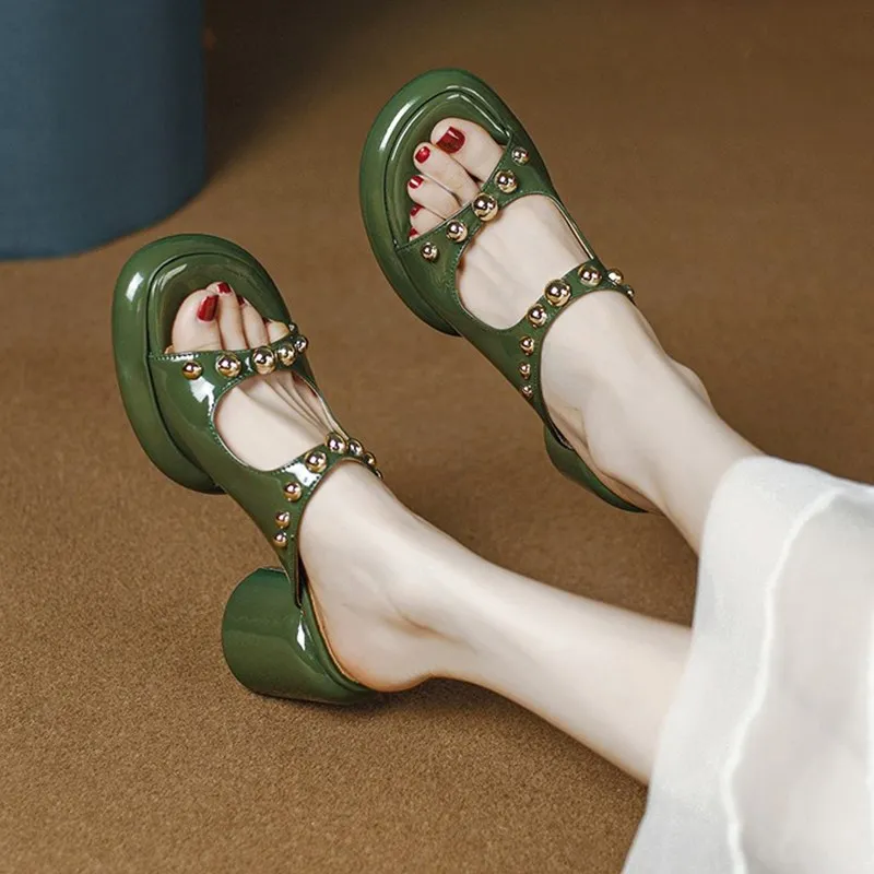 

Women Slides Open Toe Thick Heel Slippers Women's Dress Flip Flops 2023 New Summer Rivet High Heel Fashion Sandals B1-49