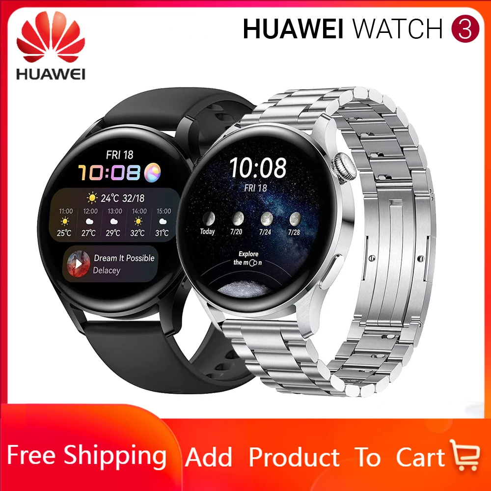

Смарт-часы HUAWEI WATCH 3 с Bluetooth-вызовом, мужской музыкальный проигрыватель, водонепроницаемый спортивный фитнес-трекер, ремешок из нержавеющей ...
