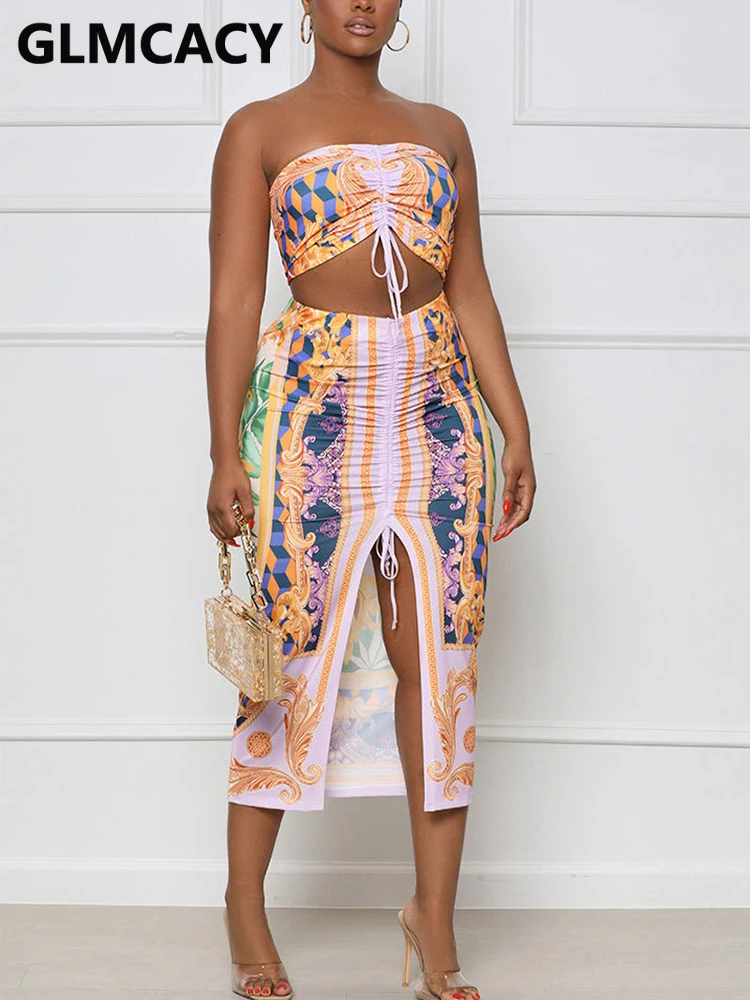 

2 Pieces Skirts Sets Women Strapless Printed Bra & Split Bodycon Skirts