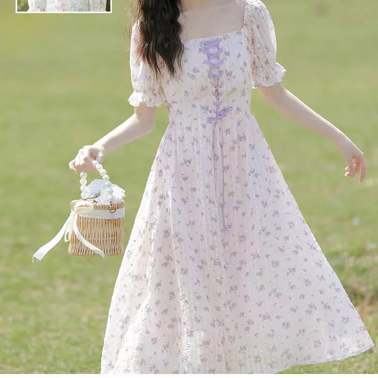 

Women's Summer Dress Gentle Fairy Tea Dress Puff Sleeve French First Love Sweet Chiffon Floral Dress
