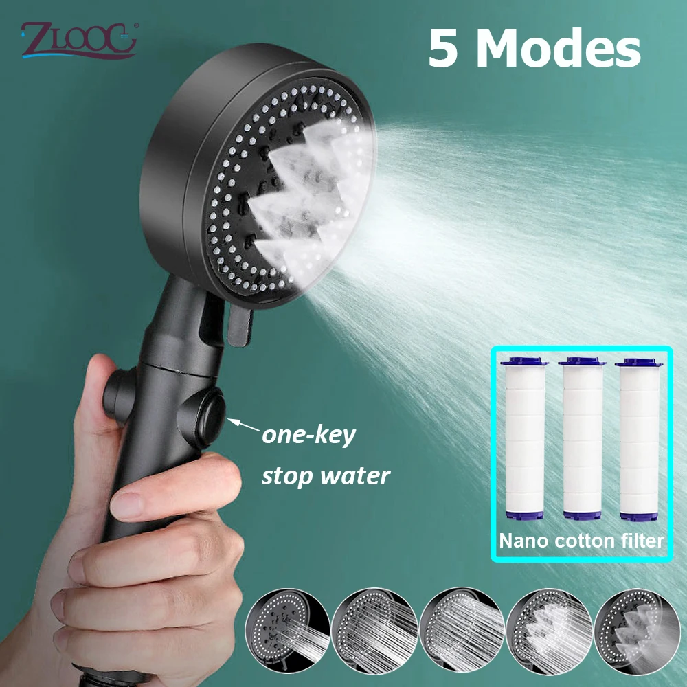 Zloog 5 Modes Adjustable Black Bath Shower Head High Pressure Water Saving Eco Shower Stop Water Showerhead Bathroom Accessories