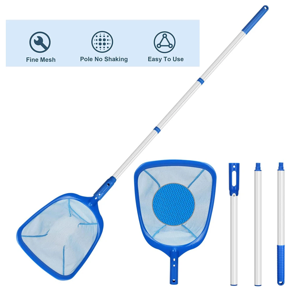 Pool Skimmer Strainer with Telescopic Aluminum Rods and Nylon Medium and Fine Mesh Cleaning Tools for Removing Leaves and Debris