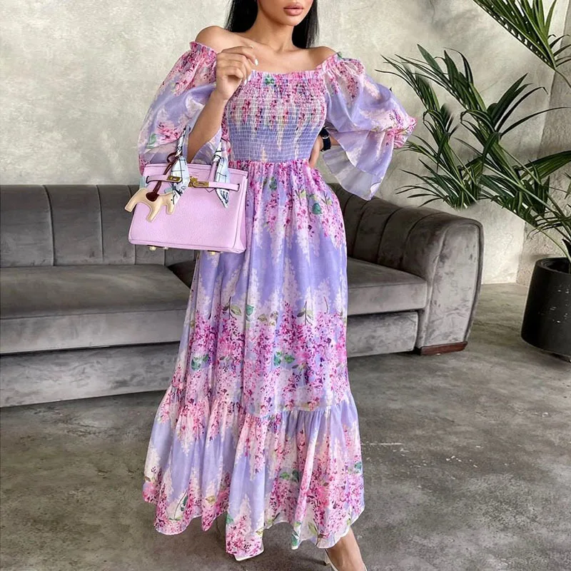 

Fashion Elegant Summer Autumn New Floral Print off Shoulder Long Sleeve Stitching Big Swing Dress for Women Strapless