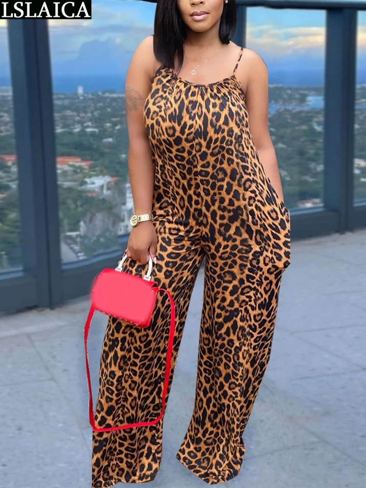 

Woman Jumpsuits Elegant Backless Leopard Print Loose Night Club Outfits Summer Fashion Jump Suit Women Plus Size Sling Bodysuit