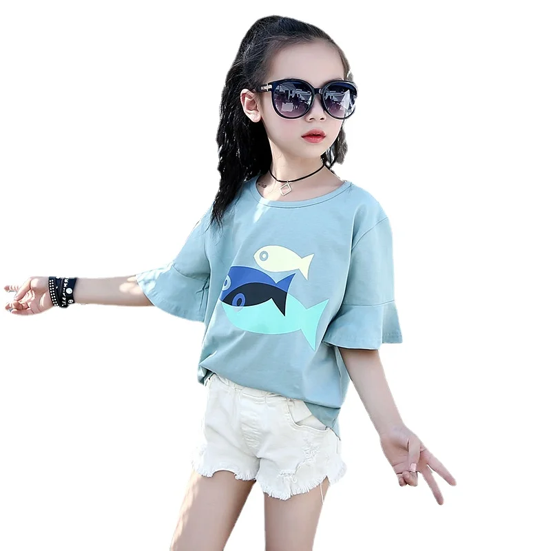 

Girls Short-sleeved T-shirts New Summer Children Cartoon Casual Cute Five-point Sleeve Cotton T-shirts 5-12 Ages