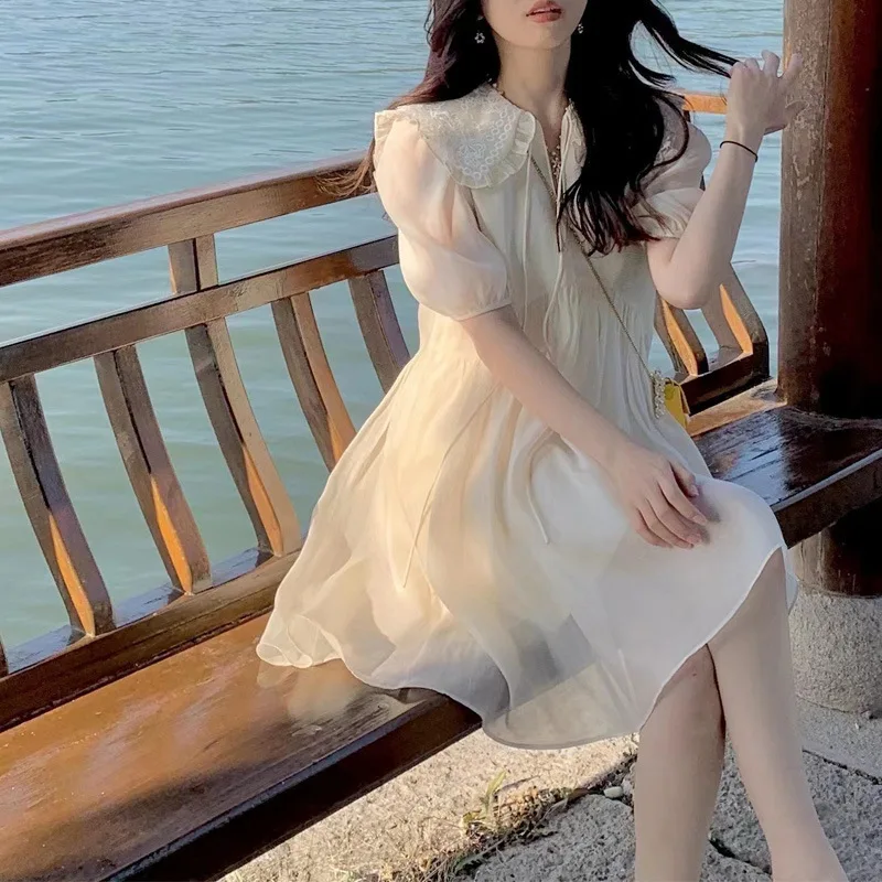 

Sweet Cute Big Collar Short Sleeve Dress French Style 2022 Sweet Doll Collar Slimming Summer Niche Bottoming Skirt
