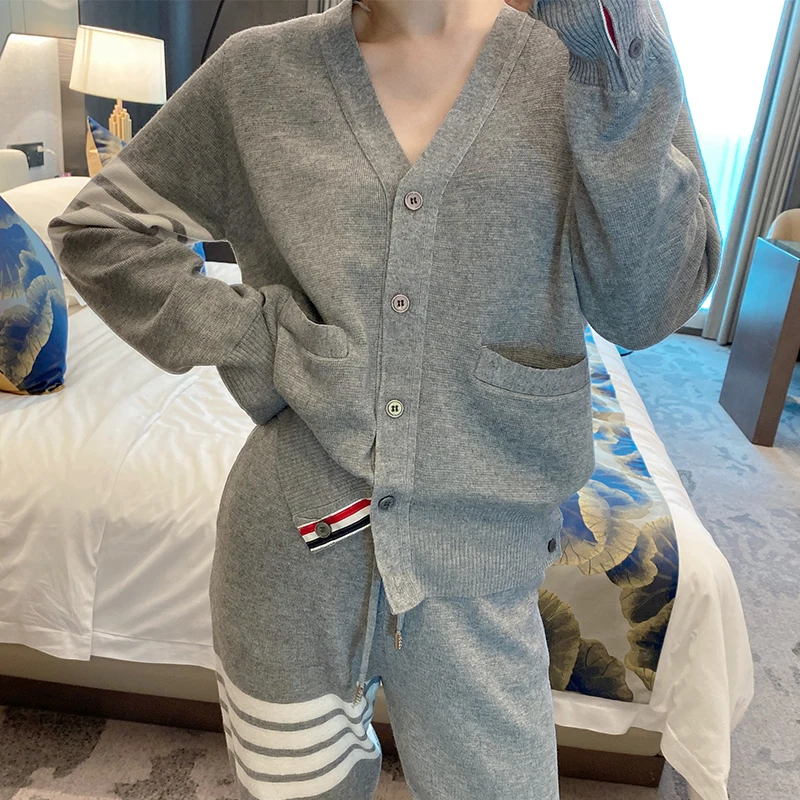

Tide Bar TB Gray Knitted Cardigan Pants Fashion Suit Loose 22 Years Early Autumn Korean Men and Women College Style