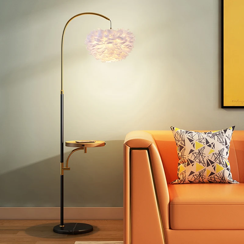 

Feather Lampshade Wireless Charging Living Room Bedroom Floor Lamp Bedroom Bedside Light Remote Dimming Wood Tray Stand Lights