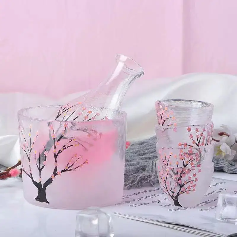 

Creative Frosted Cherry Blossom Sake Bottle Wine Glass Cup Set Japanese Style Hand Drawn Plum Blossom Sake Glass Wine Jug
