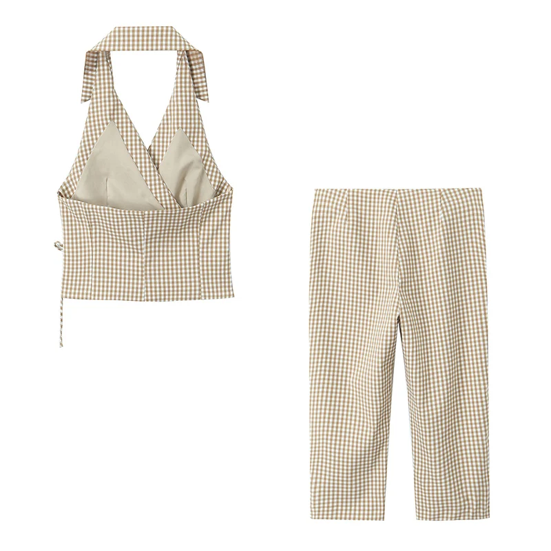 Клетчатый брючный костюм с лямкой на шее и открытой спиной жилет комплект прямых