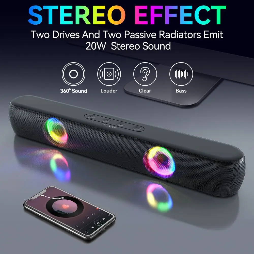 RGB Soundbar Wireless Bluetooth Speaker Desktop TV Subwoofer Game Music Box Stereo Surround Bass Support 3.5mm Audio FM USB TF