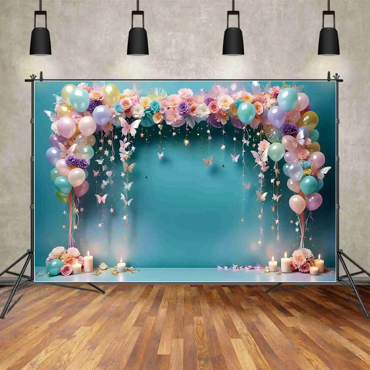 Задний фон MOON.QG с изображением бабочки цветов гирлянды для первого дня рождения