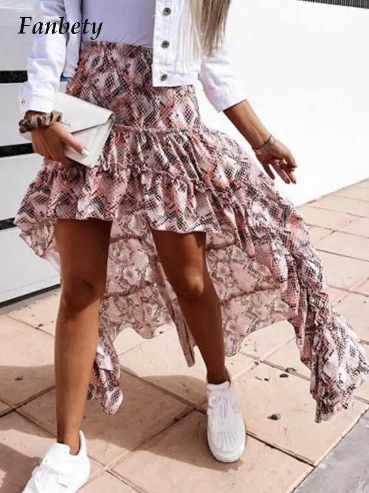

2022 Summer New Ethnic Style Fresh Sweet Print Women's Skirt Fashion Loose Elastic Waist Irregular Ruffle Skirt Sexy Long Skirts