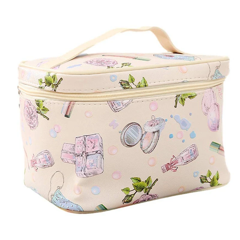 

Large PU Cosmetic Bag Travel Cosmetic Bag With Cosmetic Brush Holder Waterproof Portable Toiletry Storage, Beige
