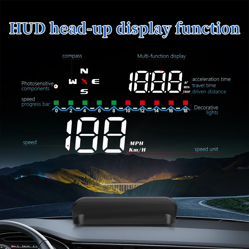 

WIIYII M19 GPS Speedometer Car HUD Acceleration time Head Up Display Mileage Fatigue Driving Speed Alarm With All cars MPH KMH