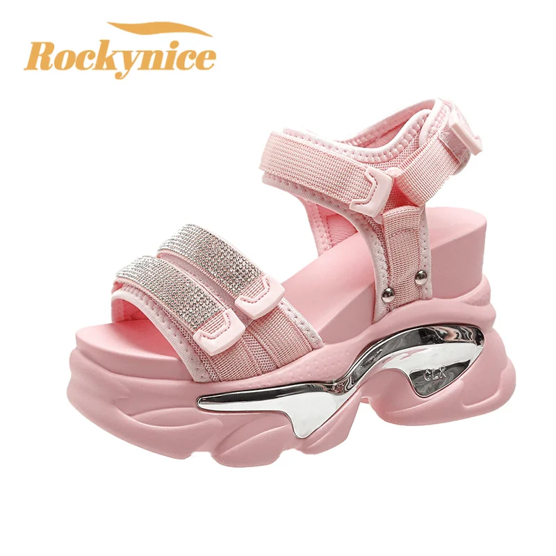 10CM Platform Sandals Women Bling Wedge High Heels New Summer Rhinestone Hook Loop Chunky Sandalias Beach Slippers Zapatos Mujer