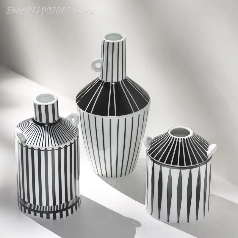 

Ceramic Vase Abstract Black and White Stripes Handle Flower Arrangement Accessories Home Decoration Vases Pots Accessories