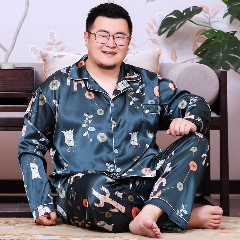 1 Summer big yards pajamas men long sleeve ice silk thin type of fertilizer increased silk leisurewear suit loose fat
