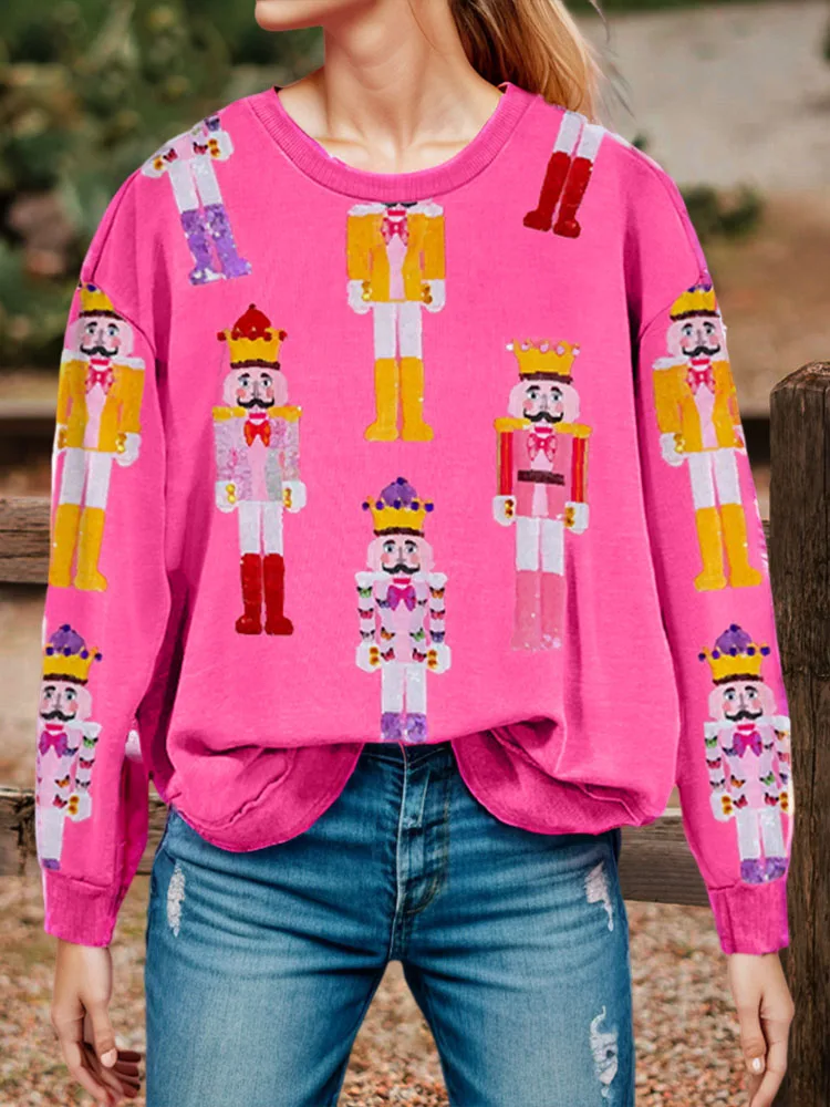 

Casual Pink Color Nutcracker Contrast Print Sweatshirt Christmas Graphic Pattern Crew Neck Sweatshirt Casual Long Sleeve Hoodies