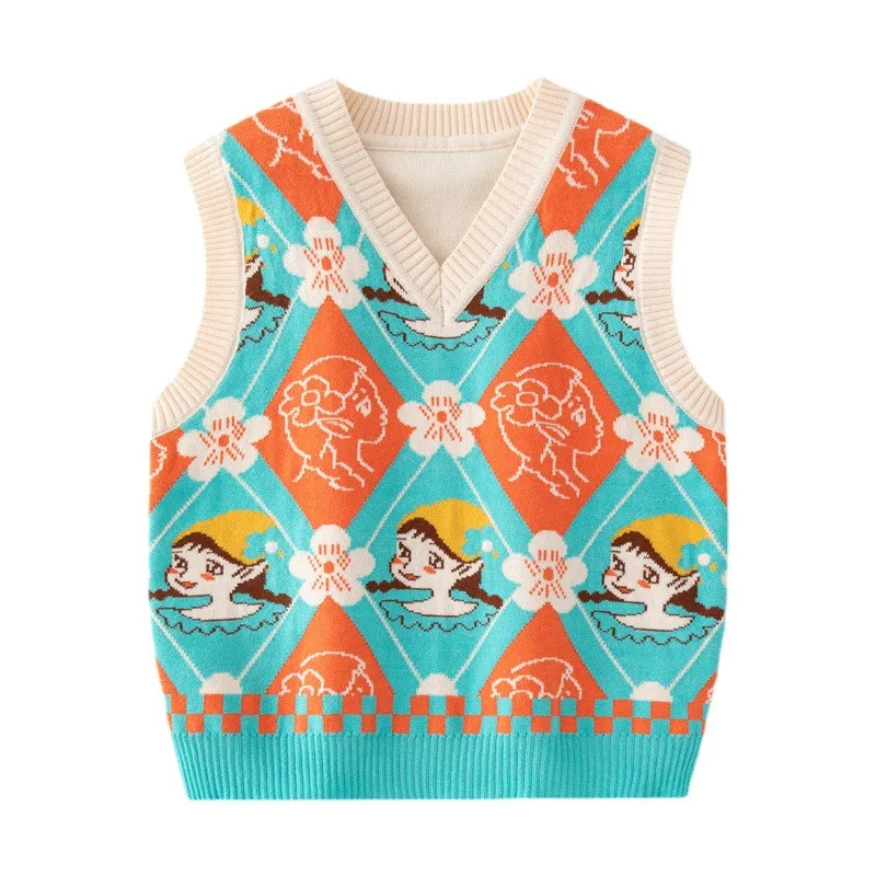 

Girls V-Neck Vest Tops for Children's Clothing Sleevess Princess Kids Cartoon Pattern Jacquard Double Cotton Sweater Waistcoat