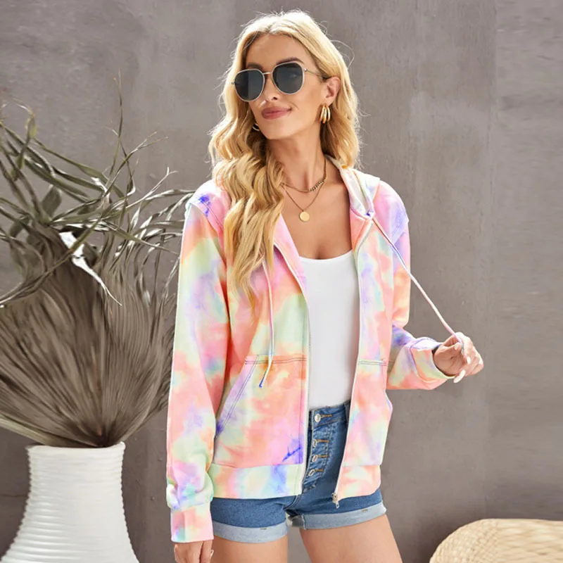 

Sweatshirts for Women 2023 New Tie Dyed Long Sleeved Hooded Hoodies Autumn New Hooded Zippered Pullover Jumper