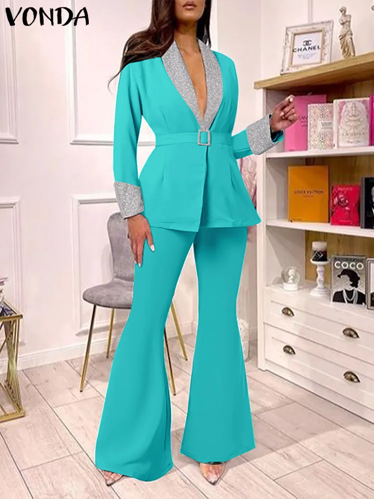 

VONDA 2022 Women Waist Belt Pant Set Femme Lady Office Long Sleeve Blazer Flare Pants Suits Party V Neck Palazzo Suit Oversized