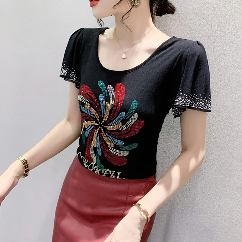 # 5693 Черная синяя сетчатая футболка с бриллиантами сексуальная облегающая