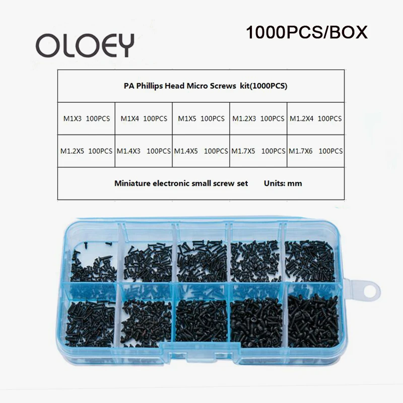 

OLOEY 1000 PCS/box PA Round head Cross tapping screw Mini electronic screw M1 M1.2 M1.4 M1.7