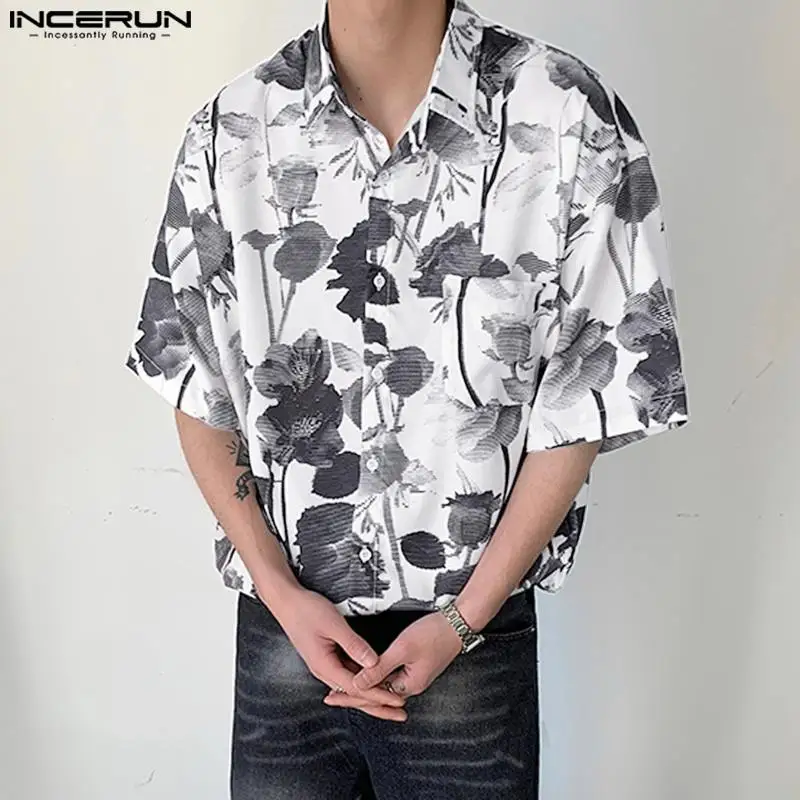 

Stylish Hot Sale Tops INCERUN New Men's Ink Black&White Floral Printed Blouse Casual Comfortable Male Short Sleeved Shirts S-5XL