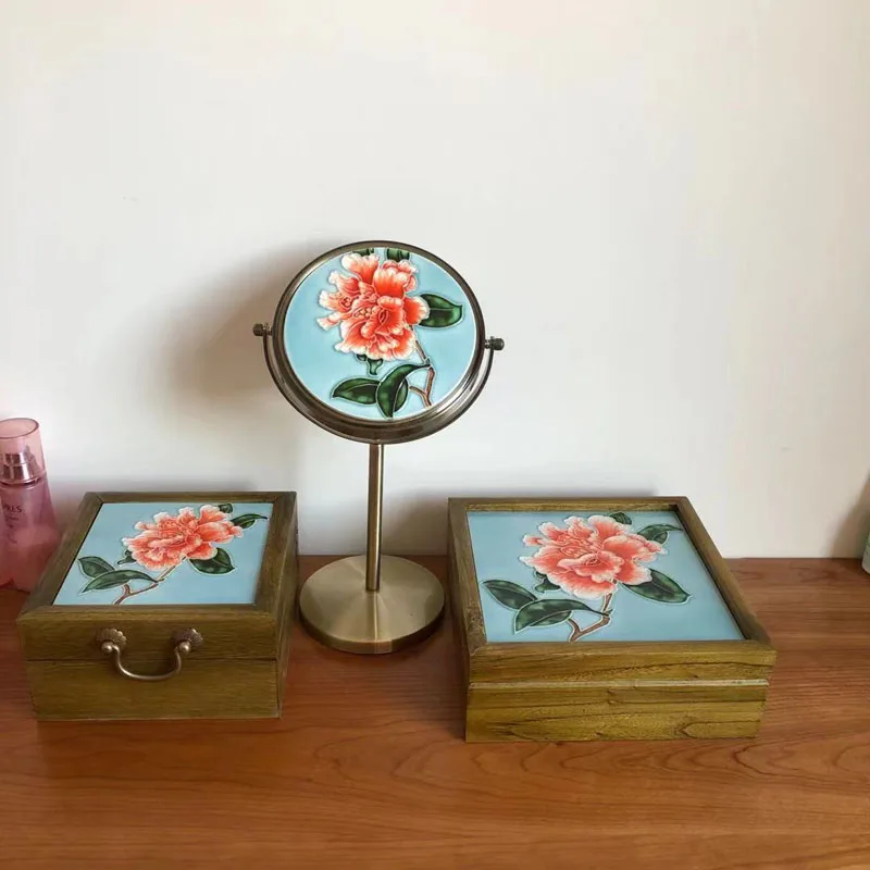 

Life Decoration Creative Desktop High Clearness Makeup Mirror Porcelain Board Painting Desktop Dresser Mirror 360-Degree